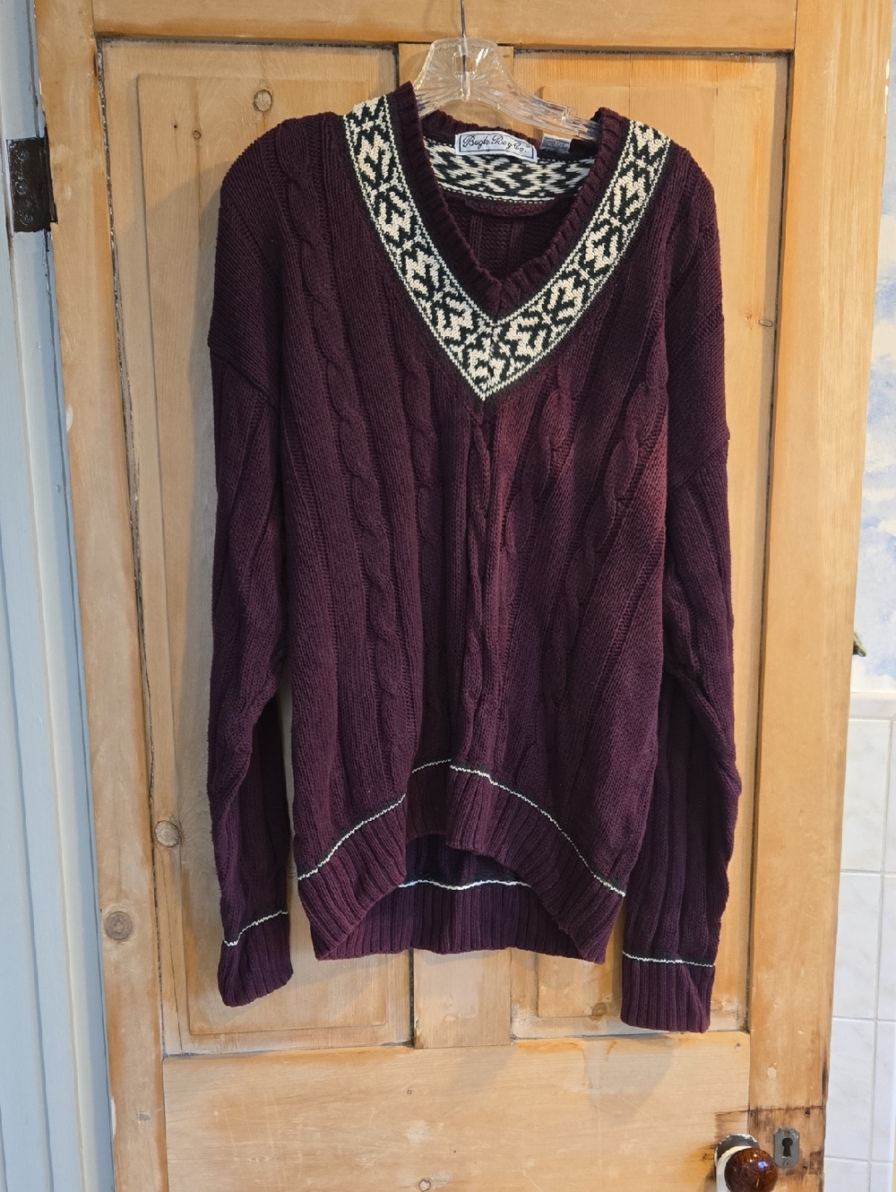 Bugle Boy Plum Cable Knit Sweater with Black and Cream Trim